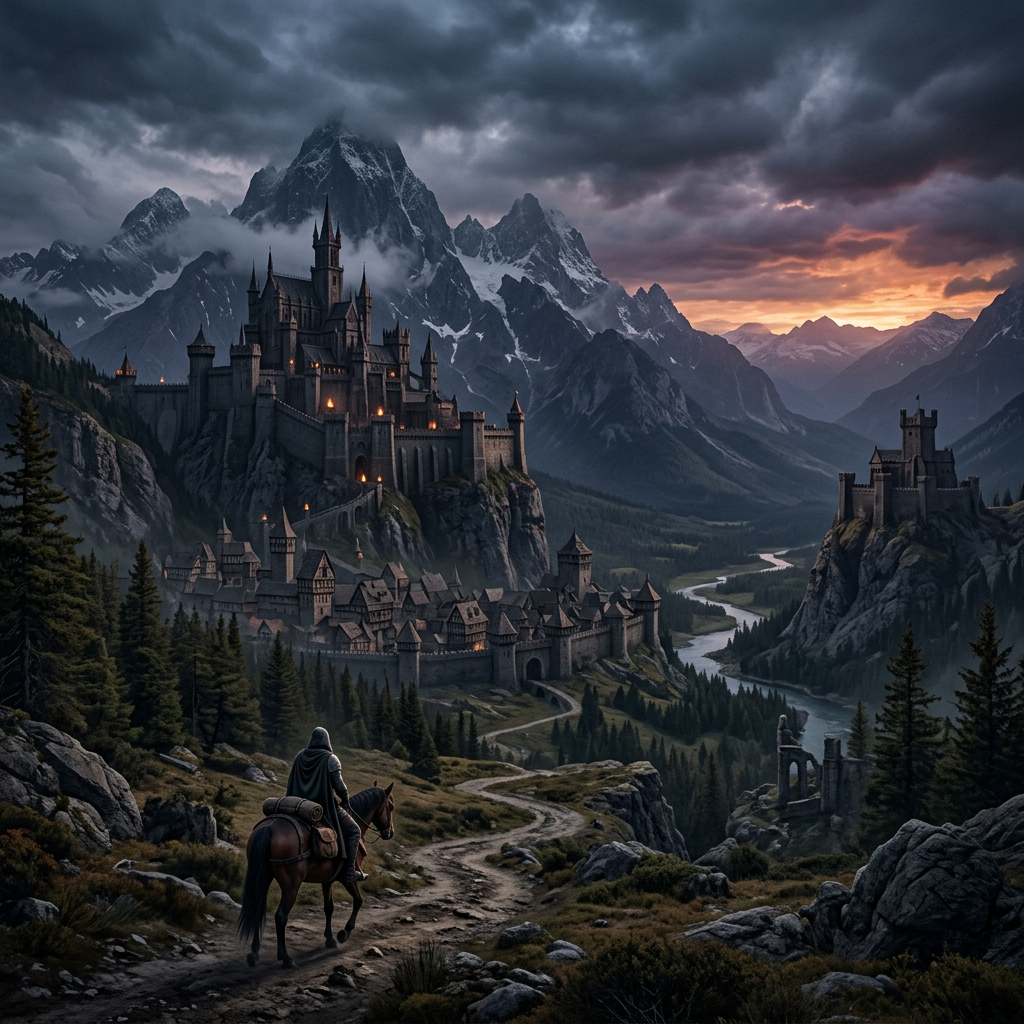 A rider on horseback traveling on a rocky path toward a large medieval castle surrounded by mountains at sunset